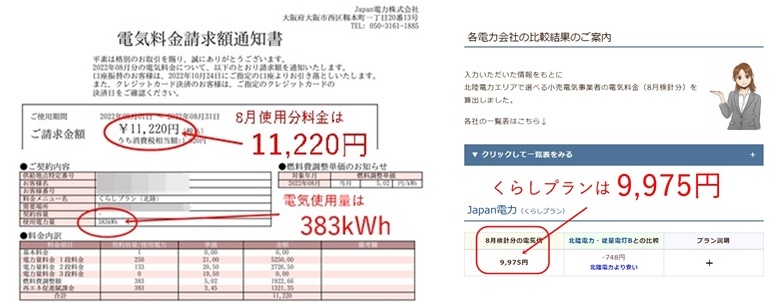 NPCプランとJapan電力の請求書の比較