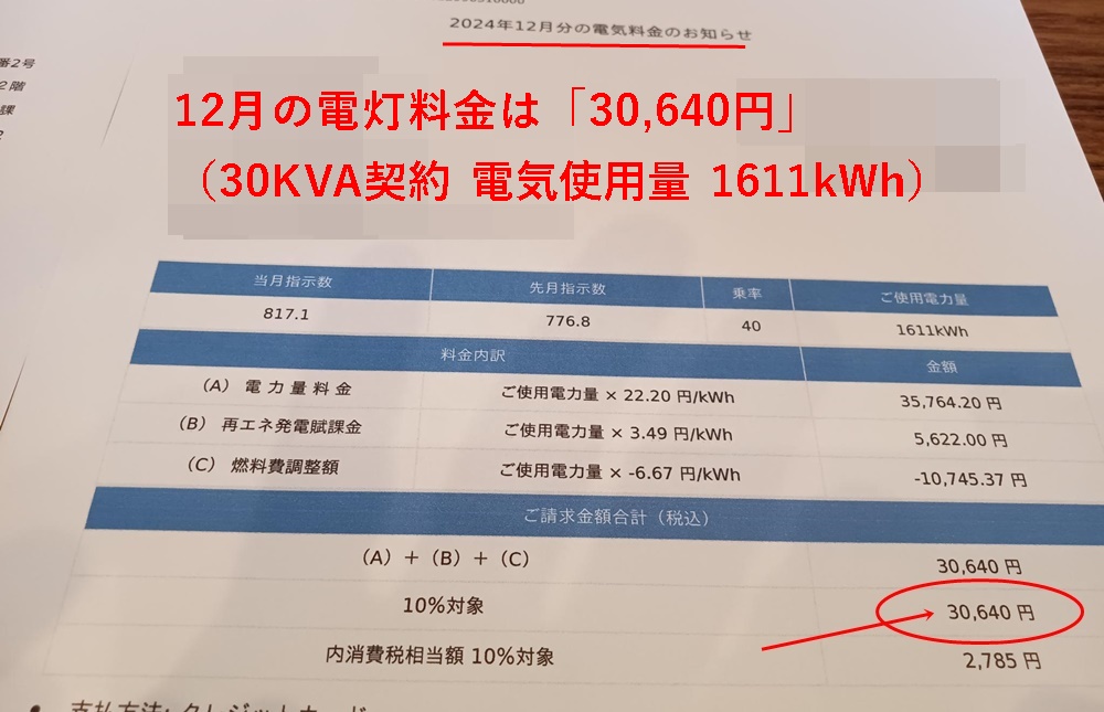 小売店A様の12月分の請求内容（電灯）