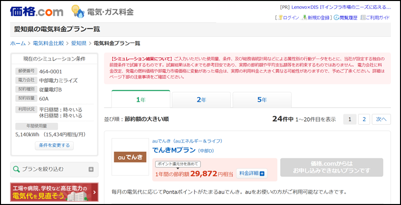 価格ドットコムのauでんきシミュレーション結果