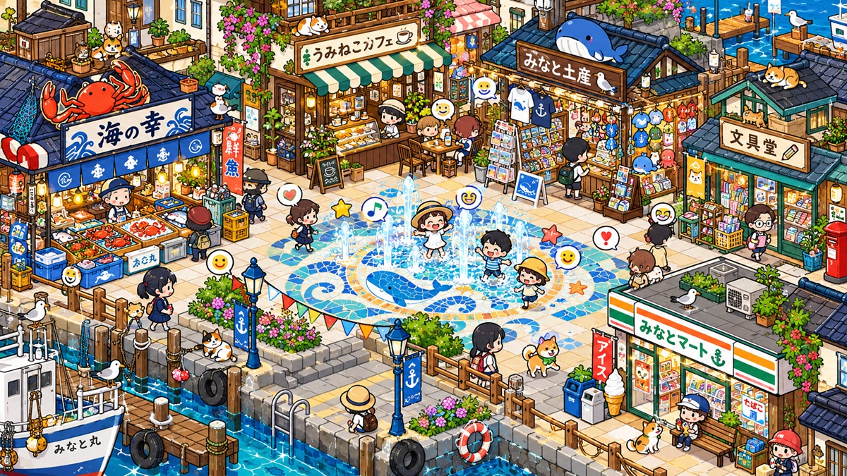 地域の店舗や住民のキャラクターが集まっている、にぎやかな3Dワールドのイメージ
